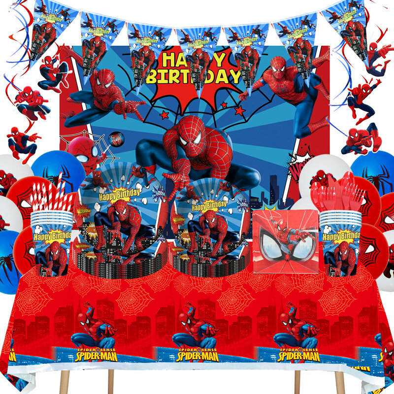วันเกิดตกแต่งการ์ตูน Spider Man Super Hero Disposable Tableware แผ่นกระดาษถ้วยเด็กโปรดปรานชุดบอลลูน Baby Shower Party