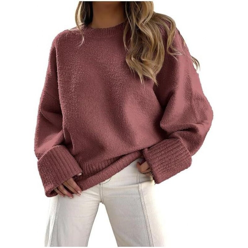 Suéter grueso y cálido de felpa para mujer, suéter versátil de manga larga con cuello redondo, venta al por mayor, novedad de 2023