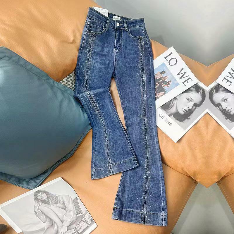 Moda moda damska haftowana diamentowa dżinsy dzwony koreańska, wiosenna lato nowa kobieta wysoka talia Slim casualowe spodnie jeansowe