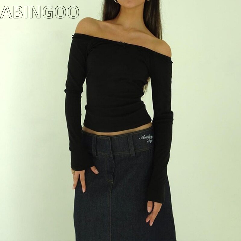 ABINGOO-T-shirt de manga comprida com uma linha superior com pescoço feminino, monocromática, laço, umbigo aberto, top curto, estilo feminino picante