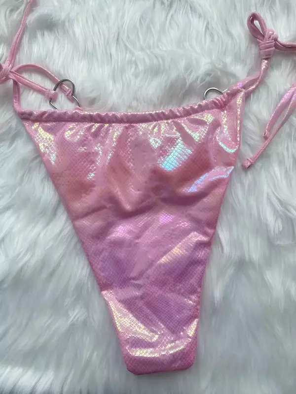 2024 nowy błyszczący, metalowy Halter Mini różowy Bikini damski strój kąpielowy kobiet strój kąpielowy pierścień z sercem strój kąpielowy w stylu Deco