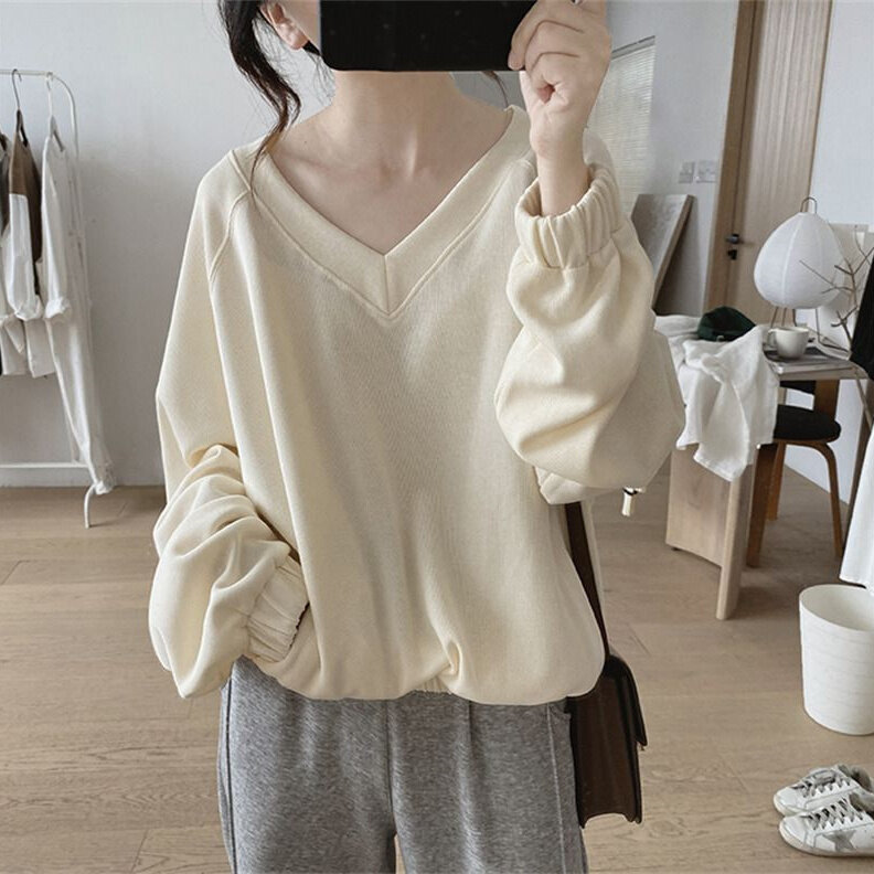 High Quality V-Neck Solid Color Loose Folds Blouse Female Clothing Autumn New Oversized Casual Pullovers All-Match Commute