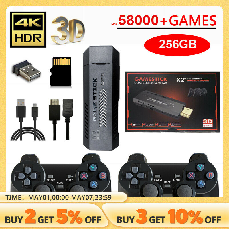 X2 GD10เกม50000 PLUS 256G Pro 4K คอนโซลวิดีโอเกมย้อนยุค HD 3D เกมคอนโทรลเลอร์ไร้สายเครื่องจำลองทีวี50สำหรับ PS1/N64 /dc