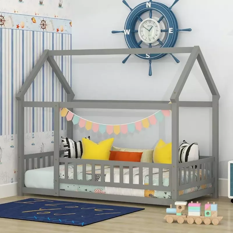 Habitación doble con valla y techo para niños, cama de suelo, niñas, niños, gris, cama Montessori de madera