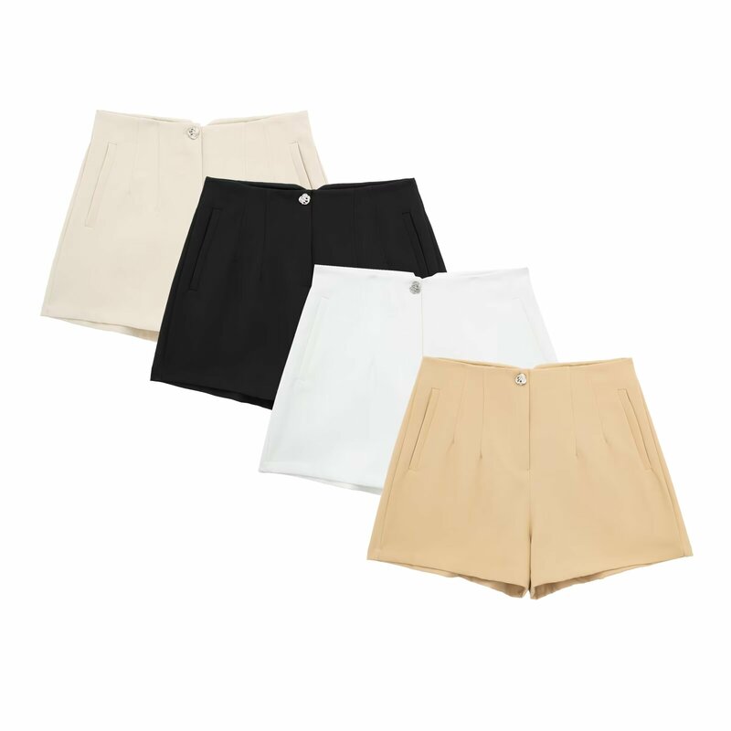 Shorts com zíper de cintura alta feminino, Decoração de botões florais, Bolso Lateral, Retro, Casual, Nova Moda, 2022