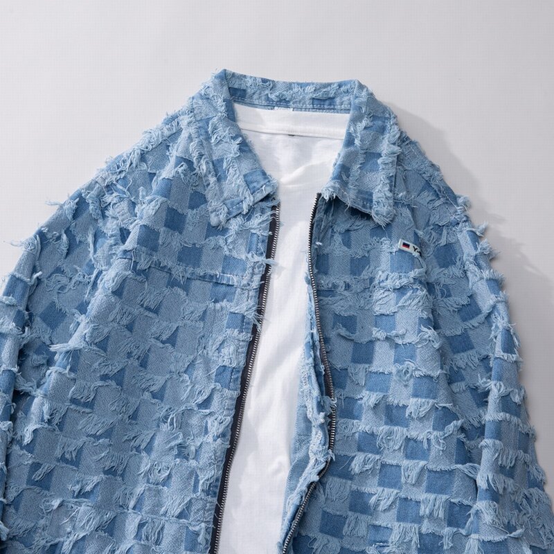 Wiosenne jesienne frędzle w kratę Y2K jasnoniebieskie dżinsy kurtki luźna odzież uliczna bawełniane Jaqueta Jeans Chaquetas Hombre męskina płaszcze