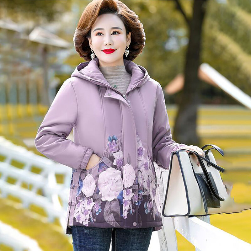 Middle-aged Mother Cotton-padded Clothes Ladies Fleece New Western Fashion Middle-aged And Elderly Printed Warm Winter Coat 5XL.