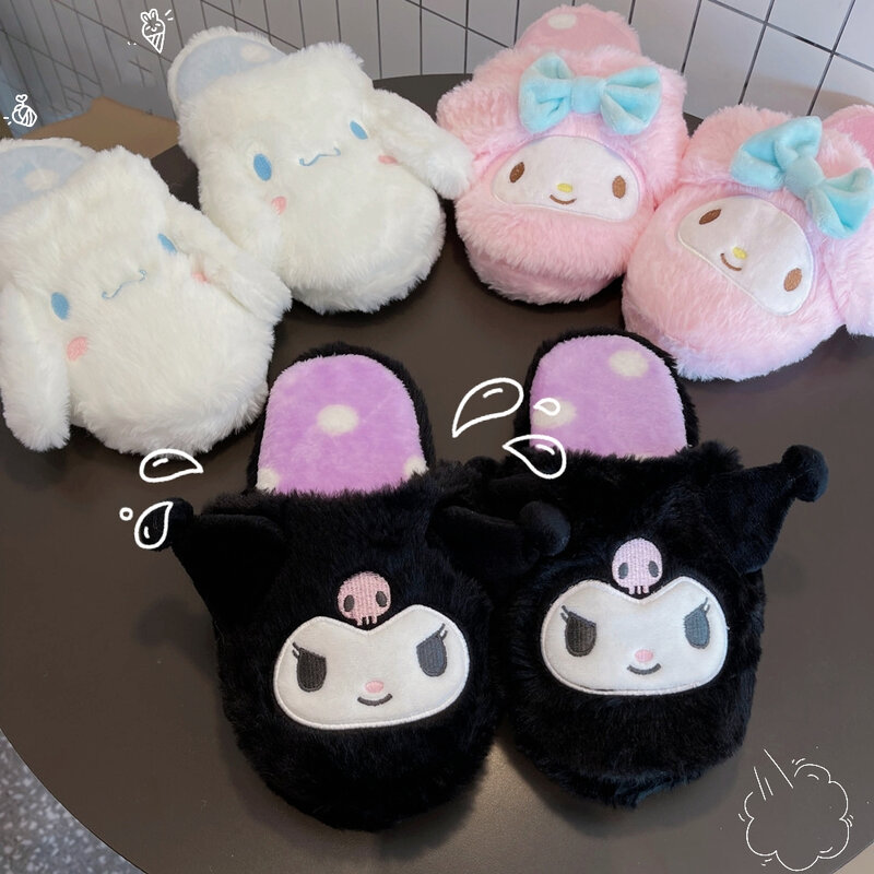 Kuromi-Zapatillas de felpa de dibujos animados My Melody Sanrio para niña, pantuflas de piso cálidas para interiores, zapatos planos informales antideslizantes para el hogar, Invierno