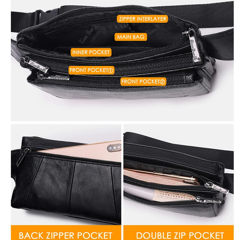 Tas sabuk kulit asli untuk pria, tas pinggang dada pinggang ponsel kasual untuk perjalanan