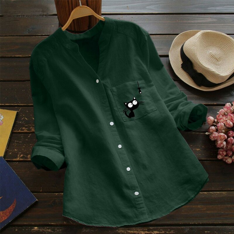 Camisa con estampado de gato para mujer, blusa de lino y algodón con bolsillo y cuello en V, camisa informal de manga larga con botones