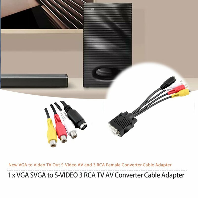 VGA S para S-VIDEO Cabo Conversor Feminino, Adaptador de Vídeo Bundle, 1 Polybag TV Out, Vídeo AV, 3 RCA, Venda Quente