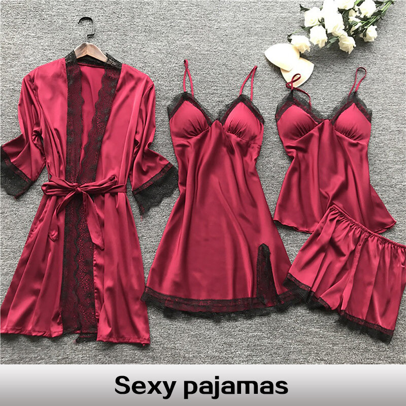 4 Pieces Women's Sexy Lace Pajamas Fashion V-Neck Gown Comfort Pajamas Pajamas Pajamas With Chest Pads Nightdress Casual Loungew