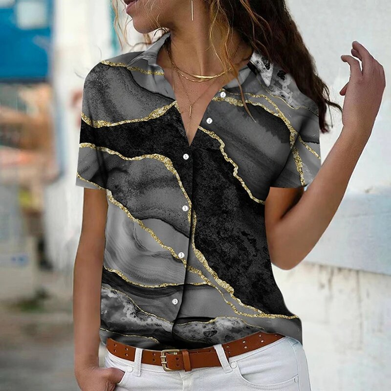 Camisa de manga corta con estampado 3D para mujer, blusa informal con borlas y botones, a la moda, para primavera y otoño, 5XL, 2024