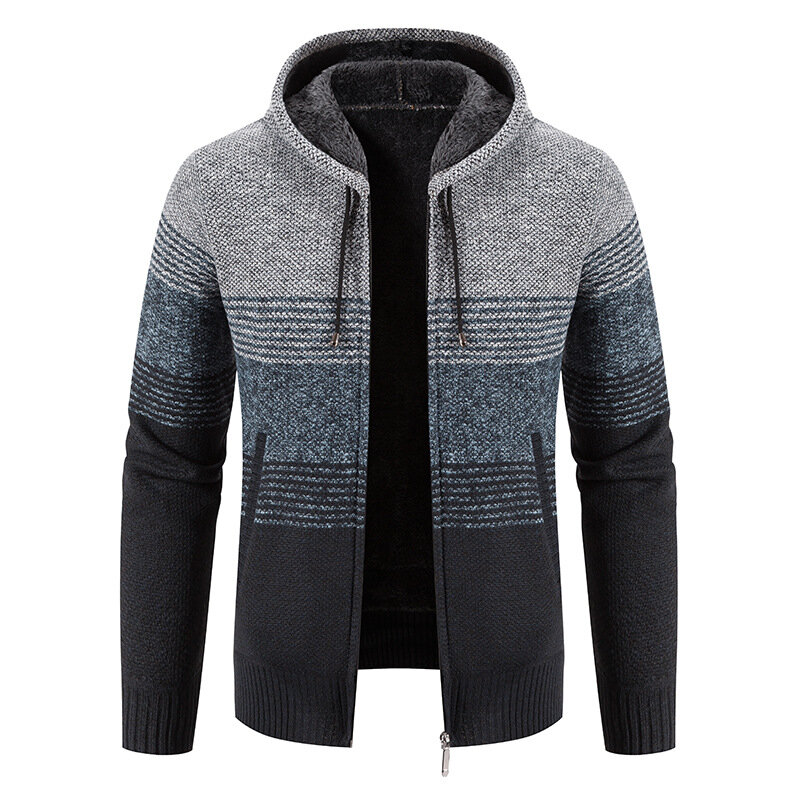 2023 musim gugur/musim dingin baru Fashion kasual bergaris sweter berkerudung untuk pria Plus bulu tebal hangat kualitas tinggi ukuran besar mantel 4XL