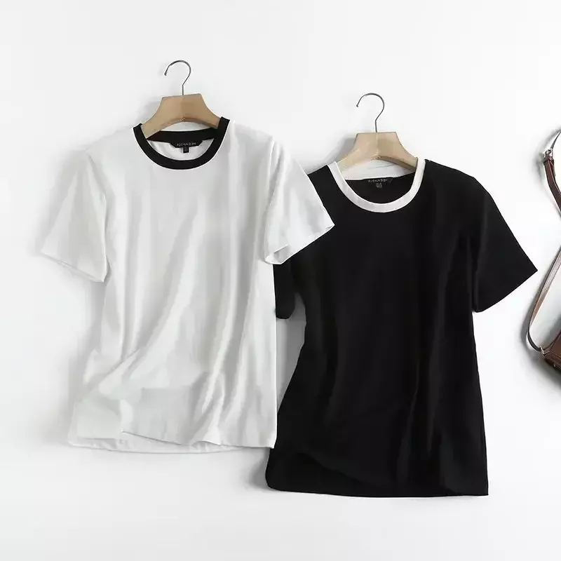 Ladies 2023 Basic T-shirt Casual Contrast O-neck Short Sleeve T-shirt Slim Black and White T-shirt Solid Color Women's Top