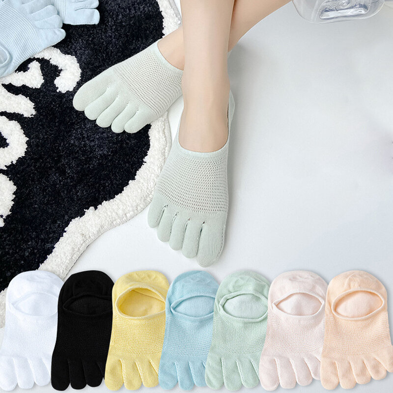 1 Pair Cute Soft Solid Color Women Short Socks Anti-slip Hollow Mesh Boat Socks Five Finger Socks Women Hosiery Toe Socks