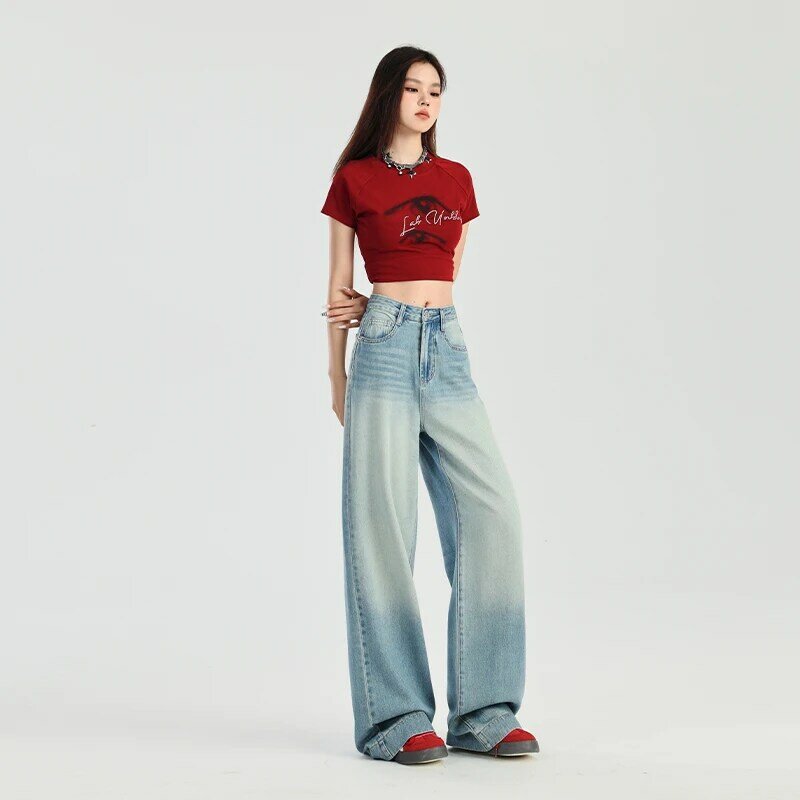 Proste dżinsy z wysokim stanem wiosna lato nowa koreańska moda na co dzień szerokie nogawki eleganckie spodnie dżinsowe w stylu Vintage Y2k