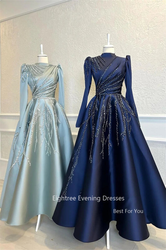 Eightree-Sky Blue vestidos de noite formais para mulheres muçulmanas, mangas compridas, gola alta, apliques brilhantes, vestidos de baile de renda, árabe, lindo
