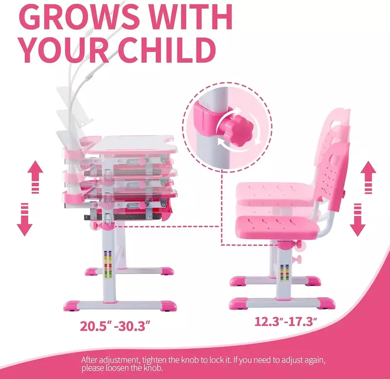 Zestaw stolików dziecięcych i krzeseł dla dzieci, małe dzieci, regulowane wysokość Biurko szkolne z uchylnym pulpitem Różowy