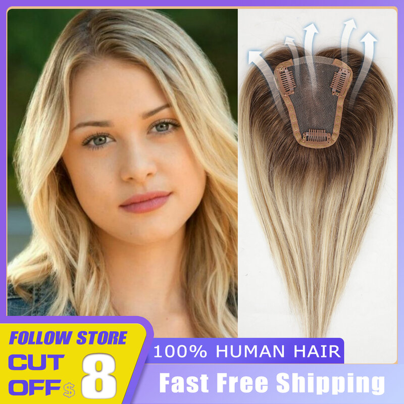 EASIHAIR Human Hair Toppers  Brown to Blonde Omber Base Clip in Topper Middle Part Top Hair for Women with Thinning Hair Clips