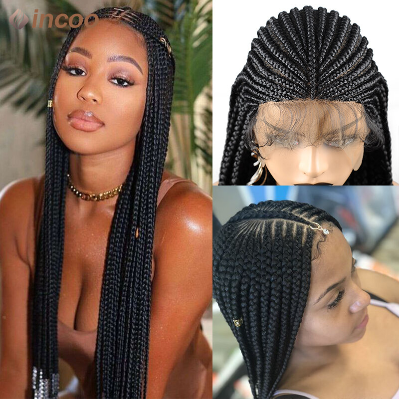 Perruque Lace Front Cornrow tressée sans nœuds pour femmes noires, tresses synthétiques, bordeaux, blond, tressée à la main, perruque Frmetds, 36"