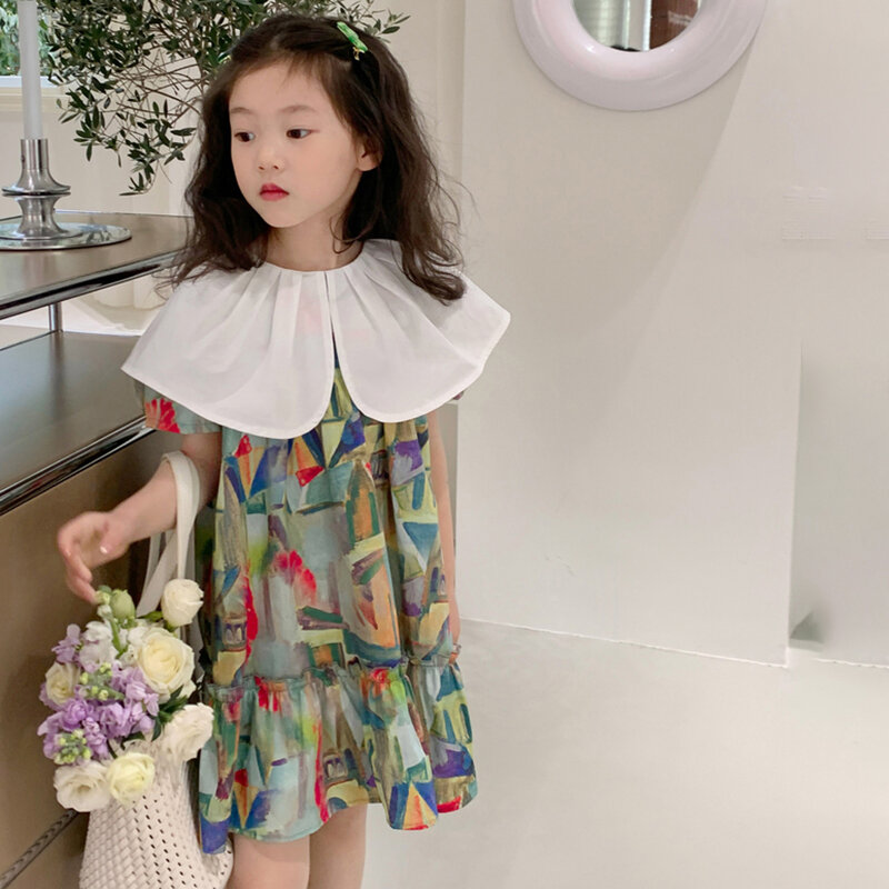 Vestido de verano de estilo coreano para niñas, pintura al óleo, estampado de grafiti, vestido de fiesta de princesa dulce a la moda