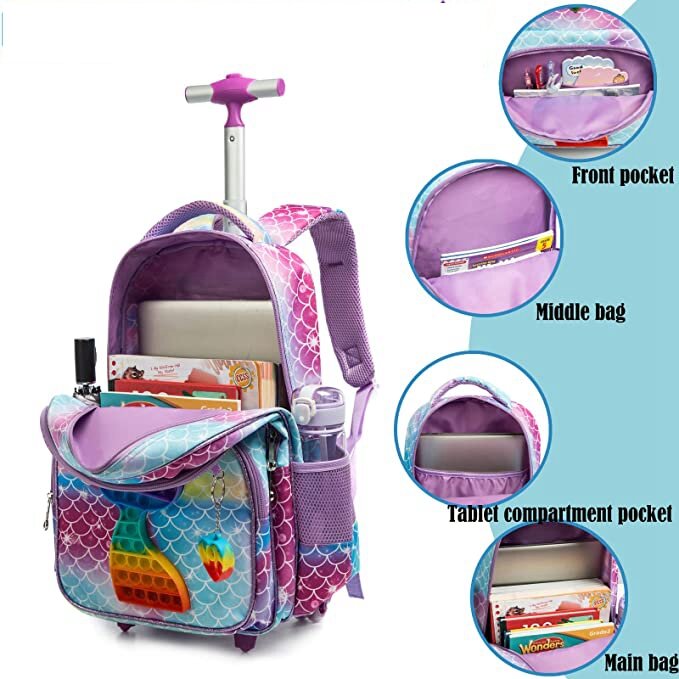 3PCS Girls Rolling Backpacks for school Kids School Backpack with Wheels for School Trolley Bags Children Rolling Luggage Bags