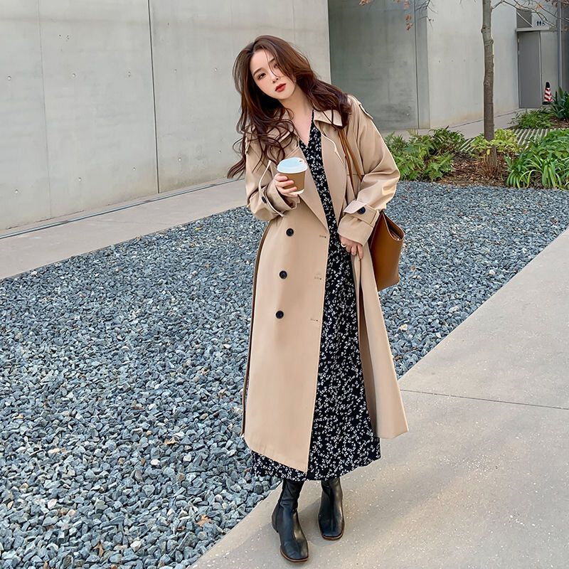 Luźny Trench płaszcz o długości Midi moda koreański elegancki w kolorze Khaki czarna damska kurtka wiatrówka na co dzień dwurzędowe topy