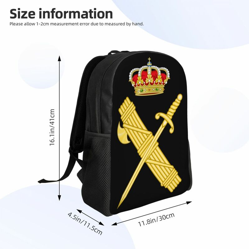Emblema personalizado da mochila da Guarda Civil Espanhola para homens e mulheres, resistente à água, escola universitária, bolsa de brasão espanhol, estantes