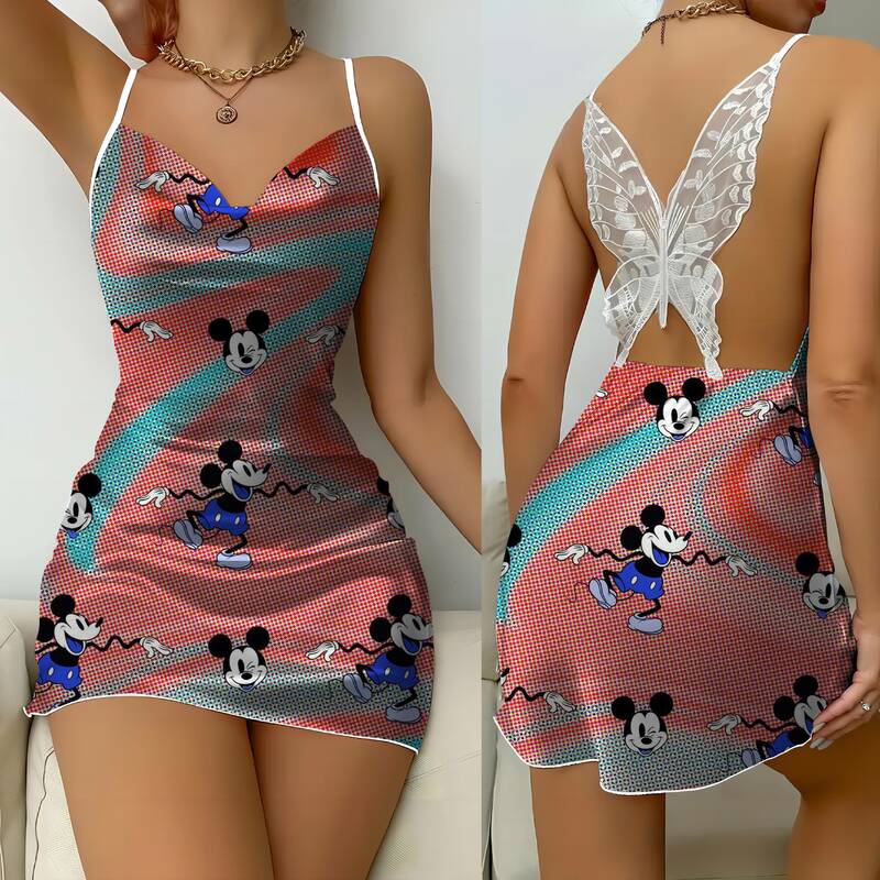 Gaun Mini Mickey Disney gaun pesta permukaan Satin rok piyama Minnie Mouse simpul pita mode Musim Panas 2024 renda seksi baru