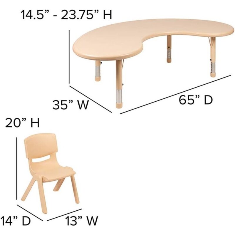 Children's table and chairs, 35 "W x 65" L crescent shaped natural plastic height adjustable activity table, with 4 chairs