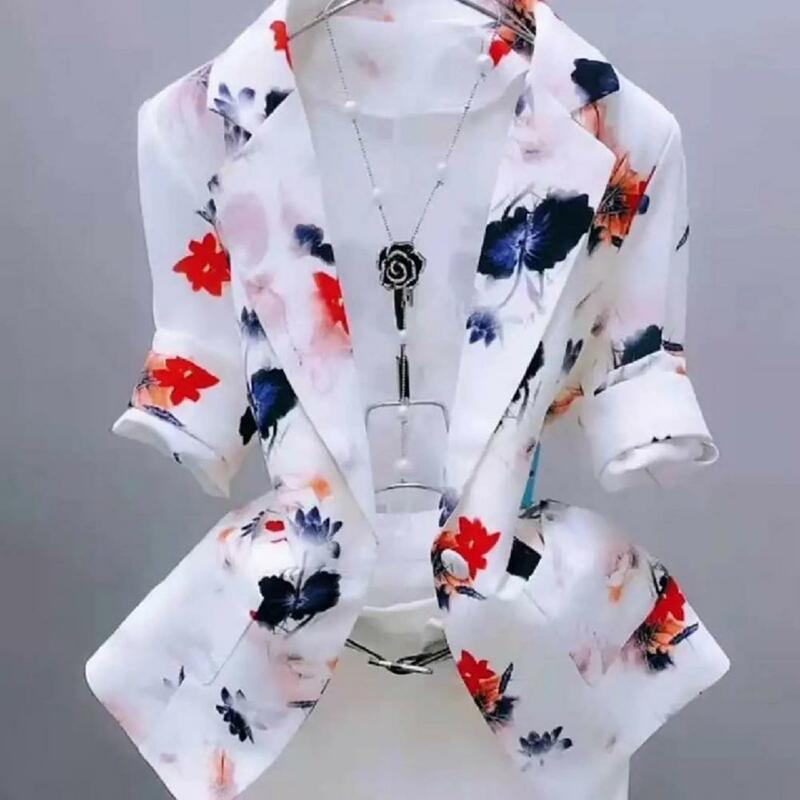 Blazer wanita motif daun Maple, jaket jas kantor wanita jas tipis kancing tunggal lukisan tinta elegan