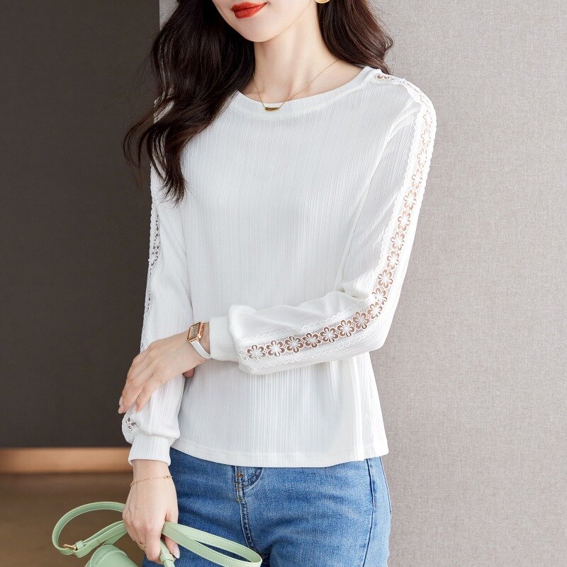 2023 Fashion White Lace Simple Shirt Women Autumn Elegant O Neck Long Sleeve Top Hollow Office Lady Blouse Clothing Blusas 29320
