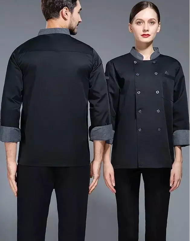 Uniforme de cocinero para mujer, ropa de trabajo, chaqueta de manga, abrigo de camarero, Camiseta larga negra, restaurante, Baker, Hotel, logotipo de Chef