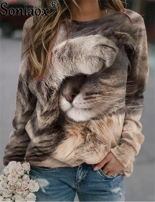 Осенняя тонкая толстовка с капюшоном, женские модные топы с 3D-принтом милого кота, новинка 2022, Свитшот в стиле Харадзюку с животными, пуловер с длинным рукавом, одежда