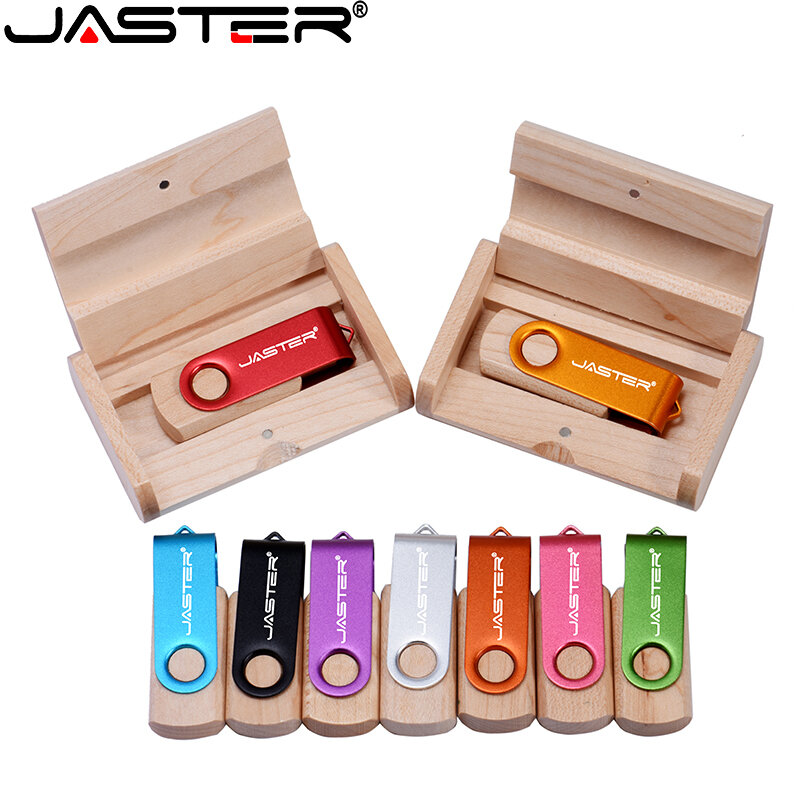 Unidad Flash USB giratoria de Metal colorida, Pendrive con logotipo personalizado gratuito de 128GB, 64GB, caja de madera de arce, Memory Stick de 32GB, regalo creativo