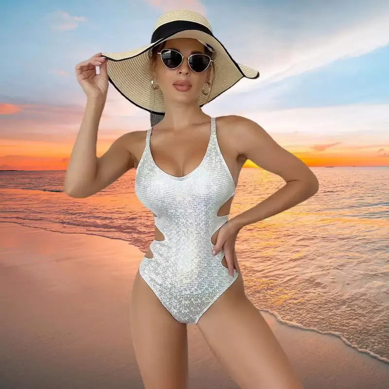 Shiny Women Swimsuit Side Hollow-out Bikini Padded Tummy Control Bathing Suit One-piece Swimwear Beach Swimming Suit Biquini