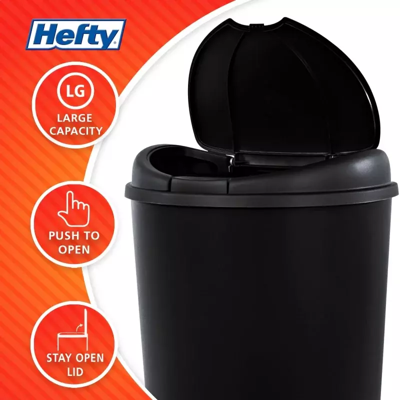 Hefty-cubo de basura de 12,8 galones, cubo de basura de plástico semirredondo táctil para cocina, negro