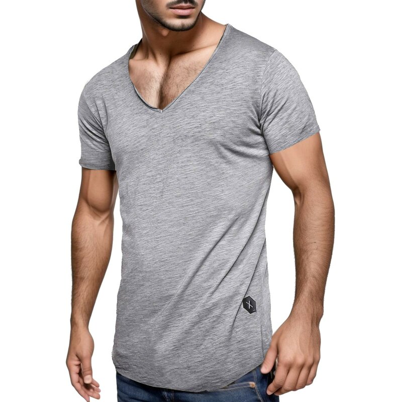 V 슬리브 솔리드 플러스 넥 짧은 컬러, 여름 사이즈 남성 블라우스, 캐주얼 근육, 솔리드 편안한 브리프 컬러, 통기성 남성 셔츠