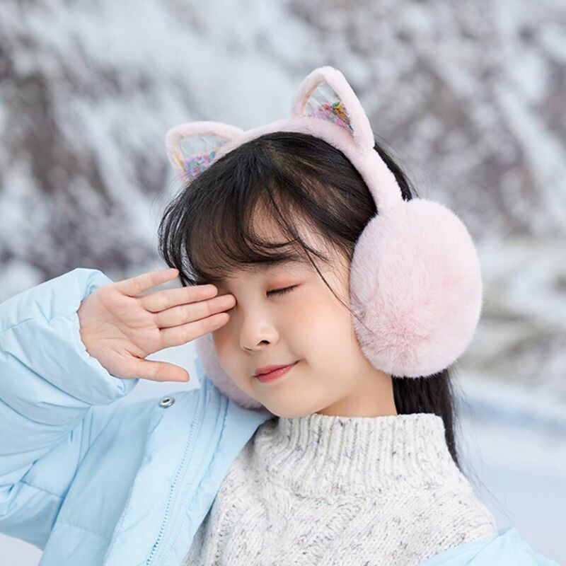 Penutup telinga bulu anak laki-laki dan perempuan, earmuff kartun telinga kucing manik-manik hangat Lipat musim dingin untuk luar ruangan Anti angin