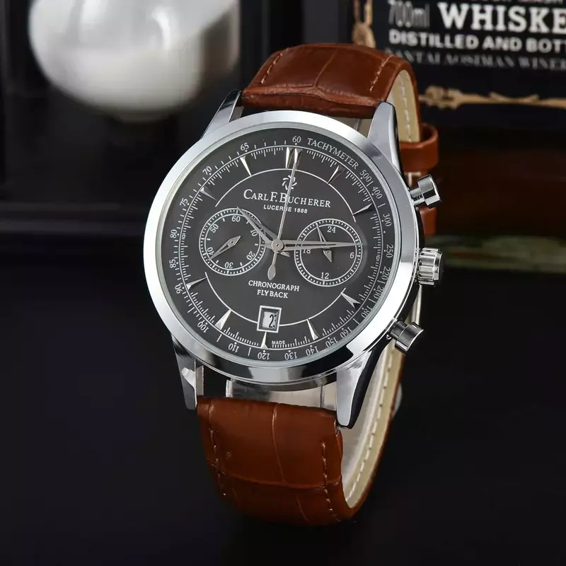 Nowy Carl F. Zegarek Bucherer Marley Dragon Flyback chronograf szaro-niebieska tarcza górny skórzany pasek kwarcowy męski zegarek luksusowy zegarek