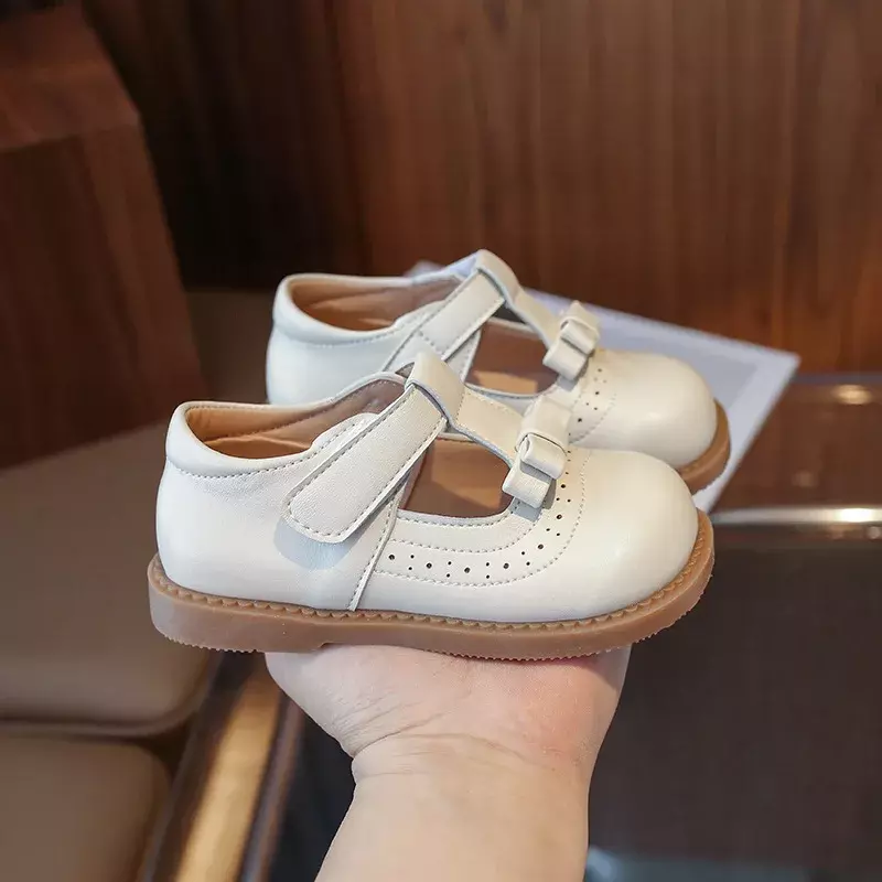 Children's Leather Shoes Cut-outs Bowtie Girls' Flat Shoes Spring Autumn Fashion Kids Princess Causal Walking Shoes Hook Loop