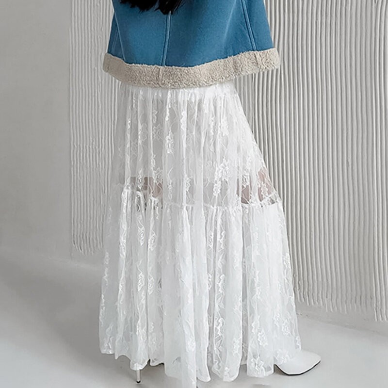 Жаккардовая прозрачная пикантная юбка TARUXY с завышенной талией, женская летняя новая свободная трапециевидная длинная юбка, кружевная Лоскутная однотонная женская