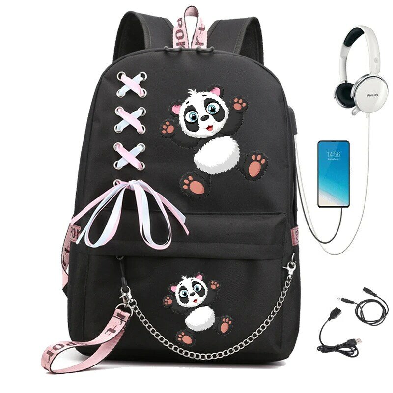 Mochila de Carregamento USB Kawaii, Sacos De Desenhos Animados Anime, Bagpack da Escola Primária e Secundária, Panda Schoolbags