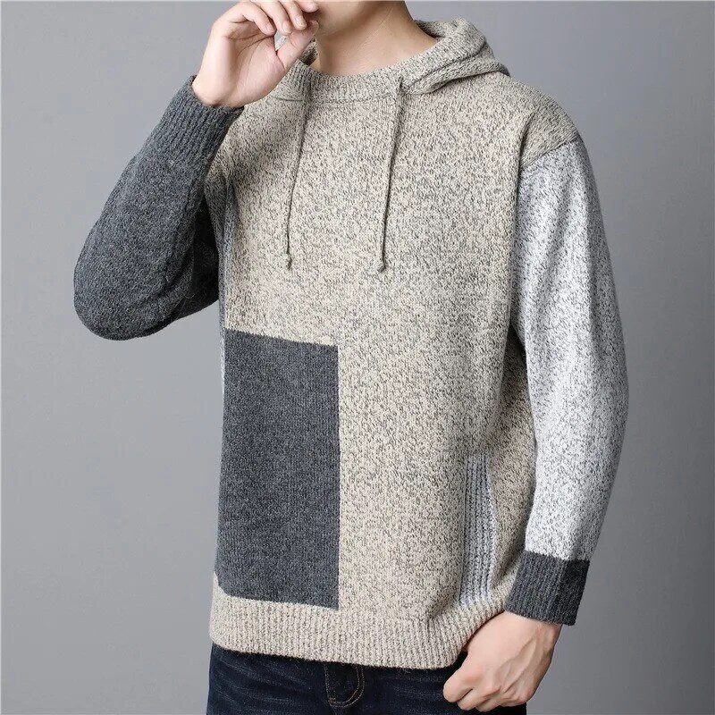 M-5xl Mens Sweaters Winter Male Pullovers Clothing Hooded Long Sleeve Patchwork Thicken Warm Comfortable Man Top Clothes H50