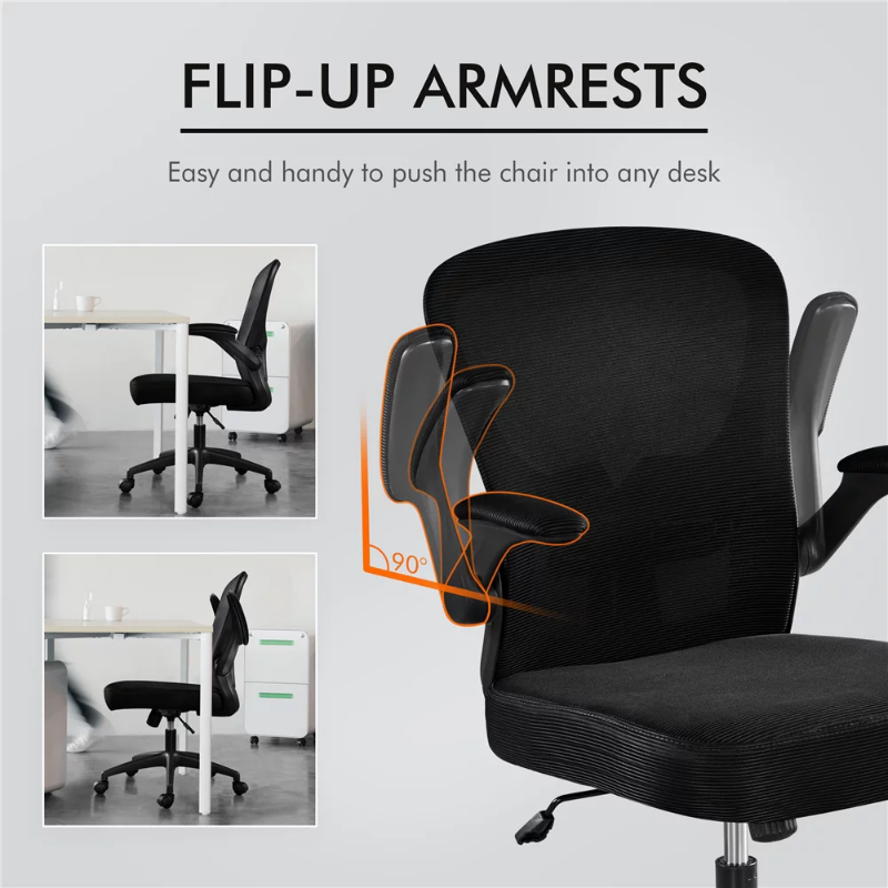 Sedia da ufficio regolabile con schienale medio con braccioli ribaltabili, mobili ergonomici neri in rete traspirante per Computer Gamer