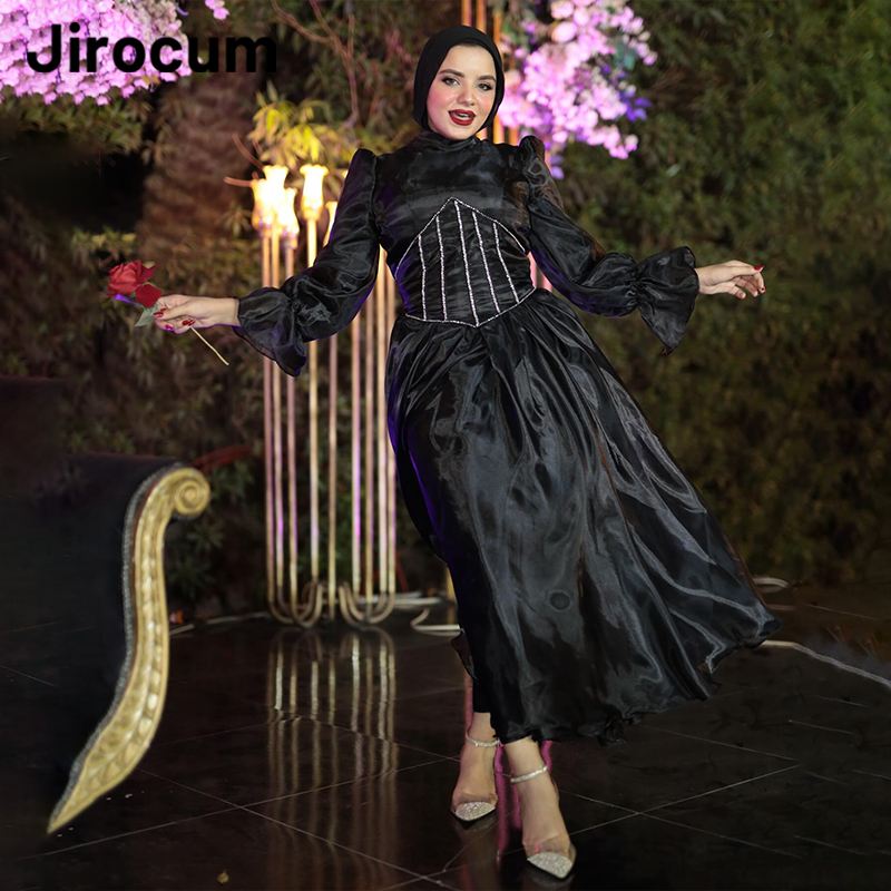 Jirocum schwarz eine Linie muslimischen Ballkleid Frauen Perlen Langarm High Neck Party Abendkleider plissierte formelle Anlass Kleider