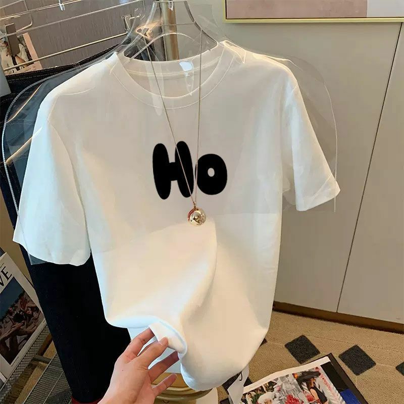 100% Pure Cotton Minimalist Letter Short Sleeved T-shirt for Women Summer Trendy Instagram Loose Casual Top Round Neck Clothes