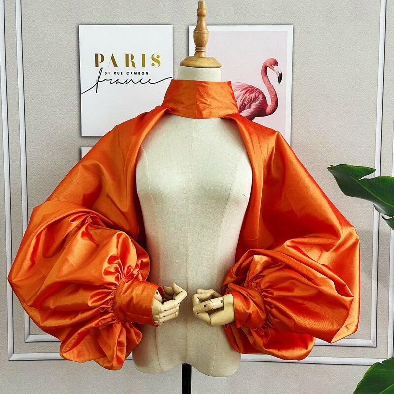Chaqueta de moda de oro naranja, mangas hinchadas, capa corta, Bolero, chal, cuello alto con botones, accesorios nupciales