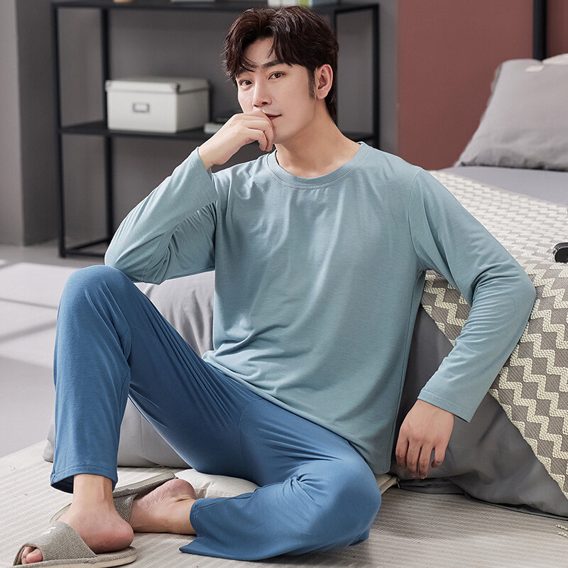Soft Modal Long Sleeve O-neck Pajama For Men Spring Autumn Pajamas Set Males Sleepshirts Tops + Long Pants Sleepwear Homewear